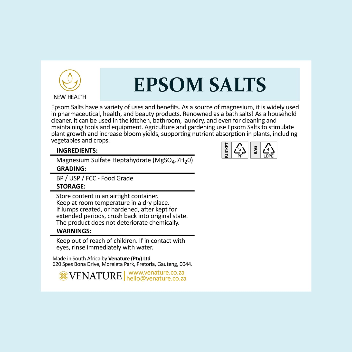 Epsom Salts (Magnesium Sulfate) - 5KG