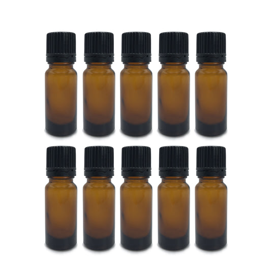 Amber Essential Oil Glass Bottle with Fast Flow Dropper Black Cap - 10ml x 10