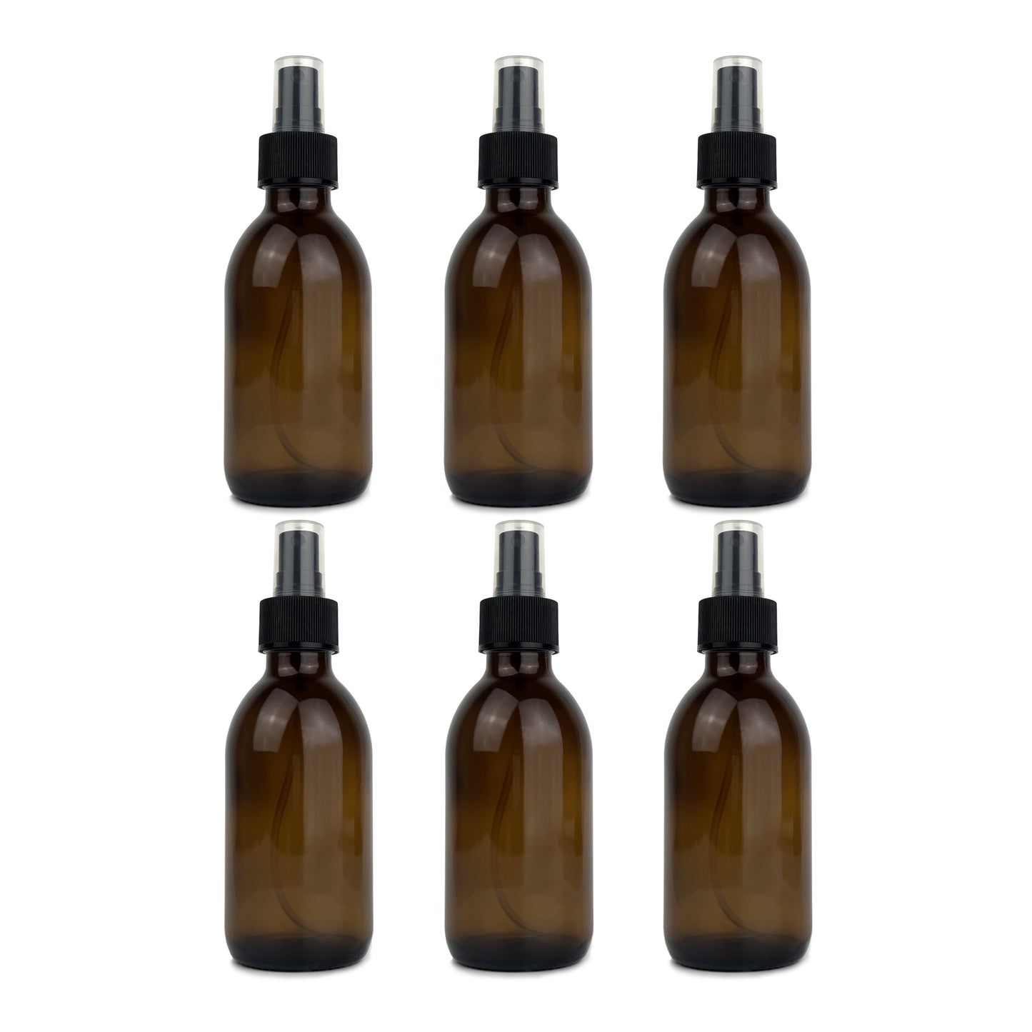 Amber Glass Bottle with Black Atomiser Mist Spray - 200ml x 6