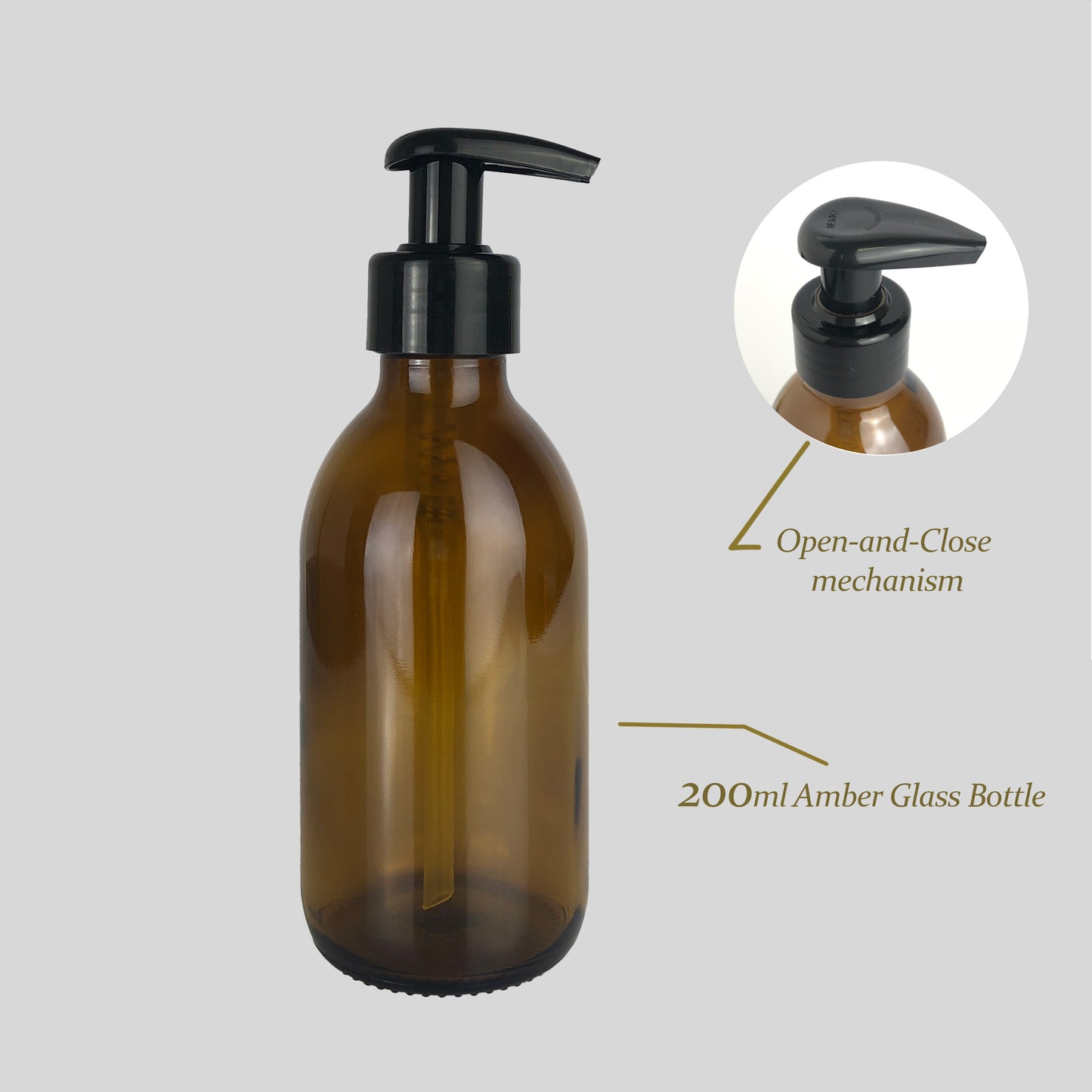 Amber Glass Bottle with Dispenser Lotion Pump - 200ml x 6