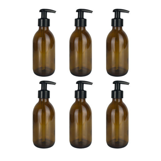 Amber Glass Bottle with Dispenser Lotion Pump - 200ml x 6